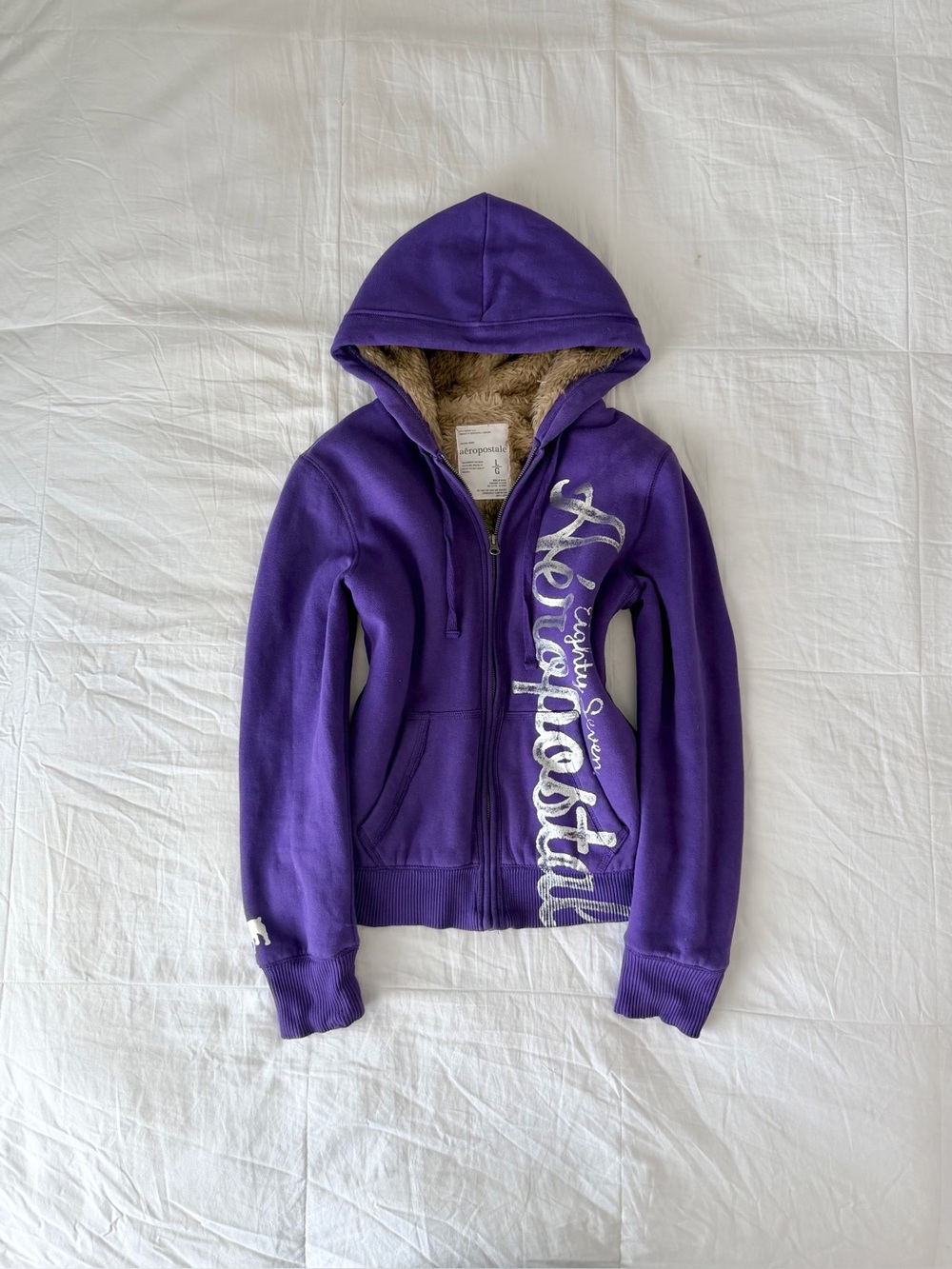 Y2K Aeropostale Purple Faux Fur Lined Graphic Metallic Zip Up Hoodie Size L